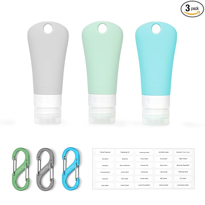 travel bottle set for dispensing toiletries (with label), leak-proof silicone (BPA-free) squeezable refillable liquid travel accessories for cosmetics, shampoo and lotion soap (3PCS) (2 oz)
