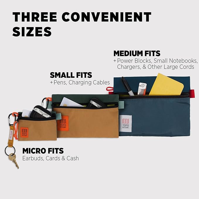 Topo Designs Accessory Bags, Travel Organizer Accessories for Smaller Items, Durable Storage Pouch, 3 Sizes, Fully Lined Pack Cloth (Medium, Black/Black)