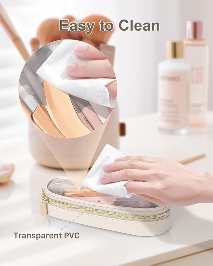 Soimeat Clear Travel Makeup Brush Holder, Leather Makeup Brush Toiletry Bag, Portable Cosmetic Brush Case, Transparent Waterproof Makeup Brush Storage Bag, White, Large