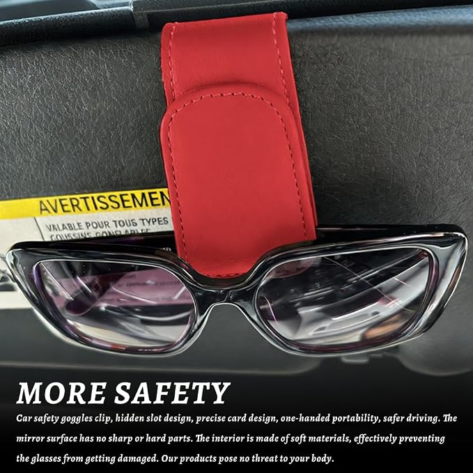 Sunglass Holder for Car, Car Sunglass Holder, Magnetic Leather Sunglasses Holder and Ticket Card Clip, Auto Multi-Functional Sun Visor Eyeglass Holders for SUV Pickup Truck (Red)