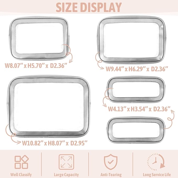YOPCDJ 5 Pack Clear Toiletry Bag,TSA Approved Travel Makeup Pouch with Zipper for Cosmetics and Toiletries，Diaper Bag Organizer Pouch Set,Purse Organizer for Christmas Women Gift