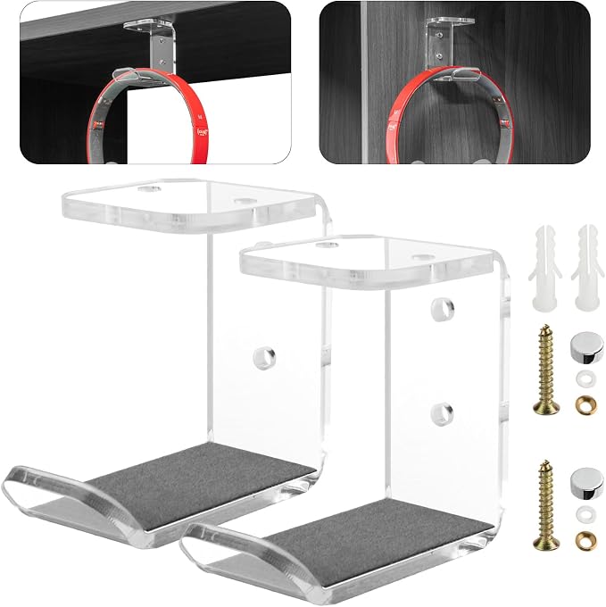Cosmos 2 Pcs Headphone Hanger Mount Under-Desk Headset Hanger Hook Earphone Holder Wall Mount Hooks with Adhesive Tape & Screw Set Compatible with PC Gaming DJ Headset, Acrylic (Transparent Clear)