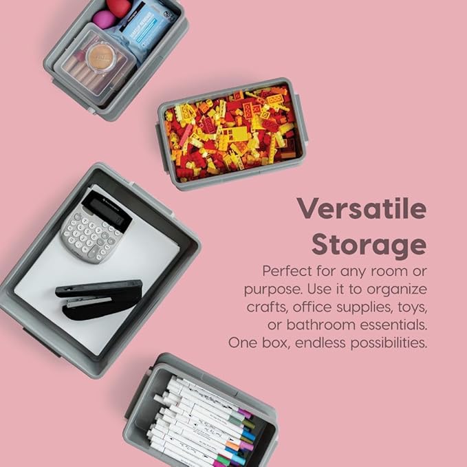 IRIS USA 3 Qt. Plastic Craft Storage Container Bins with Lids, 4 Pack, Small Art & Office Supply Organizer Tote, Sensory Bins & Boxes for Home & University, Stackable, Secure Latch Buckles, Gray