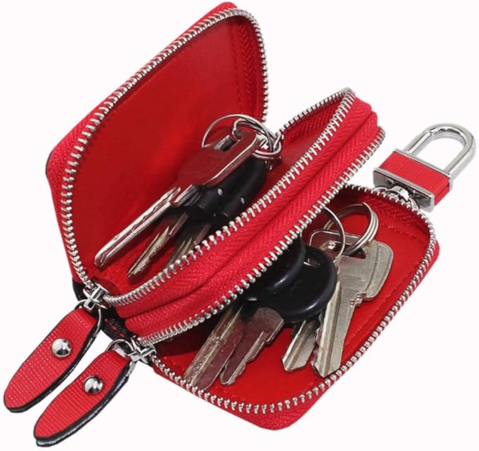 Key Fob Case Genuine Leather, Double Zipper Car Key Holder & Key Wallet with Keychain, Key Pouch for Purse Gift