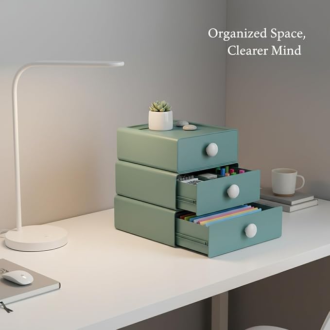 Stackable Desktop Storage Box with Lid, PP Plastic Organizer Bin for Office Desk Clutter, Space Saving File & Supply Container