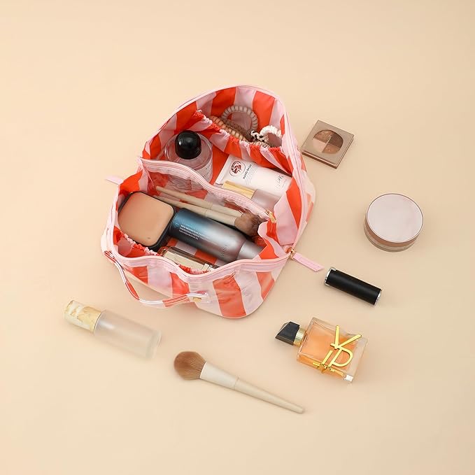 DYSHAYEN Stripe Travel Makeup Bag with Compartments Clear Coated Cosmetic Bag for Women, Waterproof Portable Open Flat Toiletry bag （Pink-Orange）