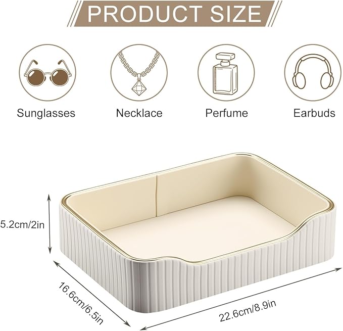 KINGFOM Prefume Tray, PU Leather Valet Tray Nightstand Organizer Trays for Men Women, Table Centerpieces Decorative Vanity Trays, Desk Organizer Tray for Key Jewelry Cosmetics (Ivory White)
