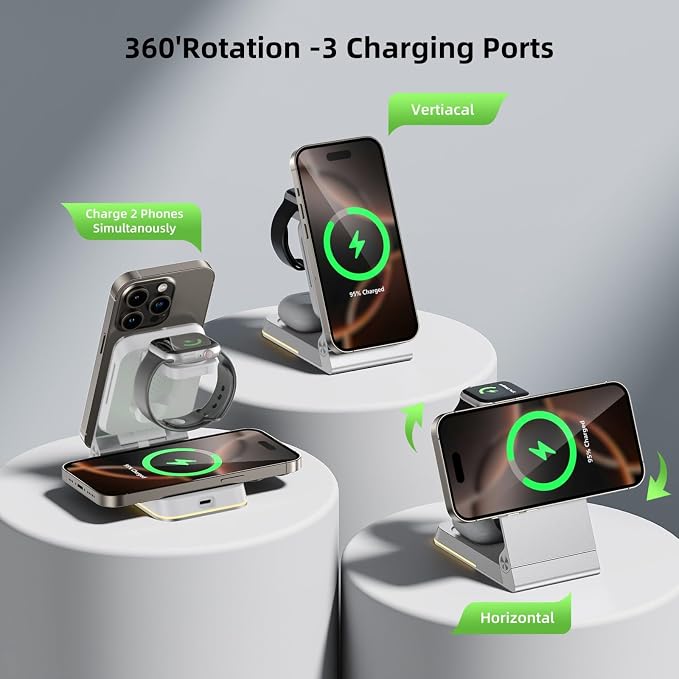 Aluminum 3 in 1 Wireless Charging Station,Foldable Wireless Charger for Apple Magsafe with Light,Portable Travel Magnetic Charger Stand for iPhone 17/16/15/14,Watch,Airpod,with PD 20W Adapter & Case