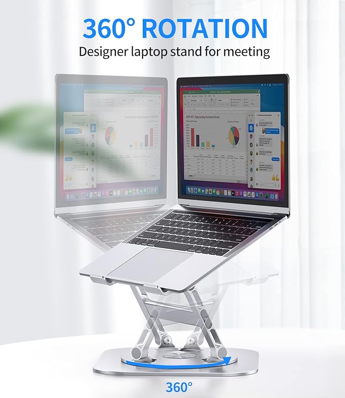 AOEVI Adjustable Laptop Stand with 360 Rotating Base, Stable Computer Stand for Laptop Ergonimic Foldable Laptop Riser for Desk Compatible with MacBook Pro/Air Notebook up to 16 Inches, Silver