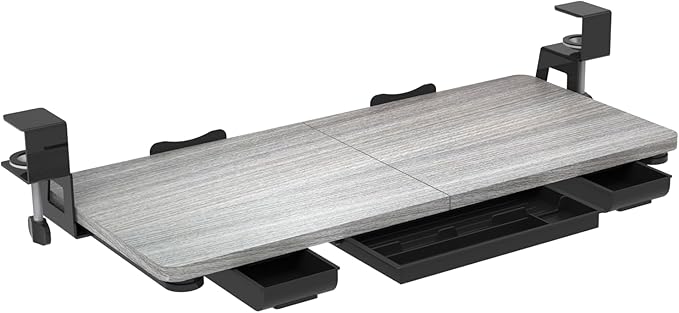 Keyboard Tray Under Desk with Drawer,26.77" X 11.81" Keyboard Tray Large Size with C Clamp-on Mount, Easy to Install, Save Space for Office Desk (Grey)