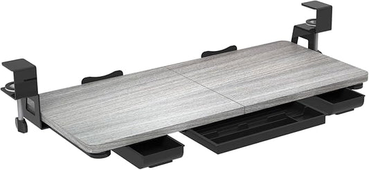 Keyboard Tray Under Desk with Drawer,26.77" X 11.81" Keyboard Tray Large Size with C Clamp-on Mount, Easy to Install, Save Space for Office Desk (Grey)