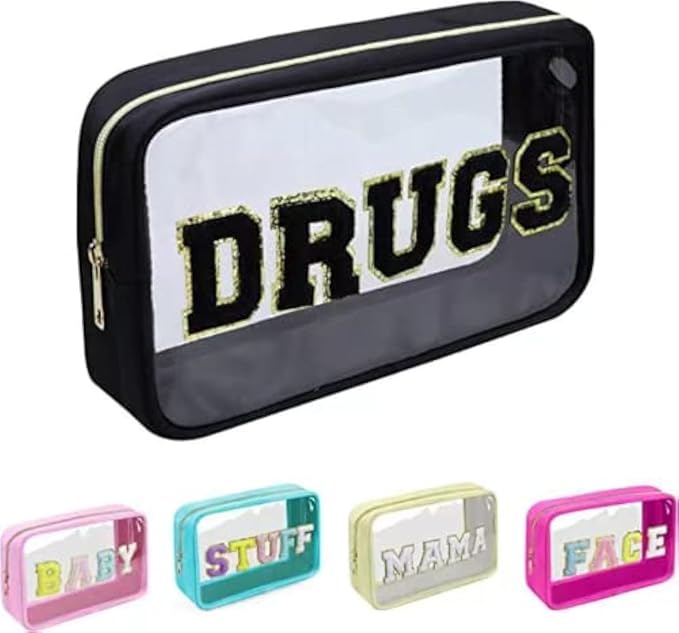 Large Chenille Letters Makeup Bag - Clear Glitter Preppy Patch Stuff Cosmetic Bag, Toiletry Stuff Pouch for Women - Valentines Day Gifts (10.62*6.29*3.54 inch, Black)
