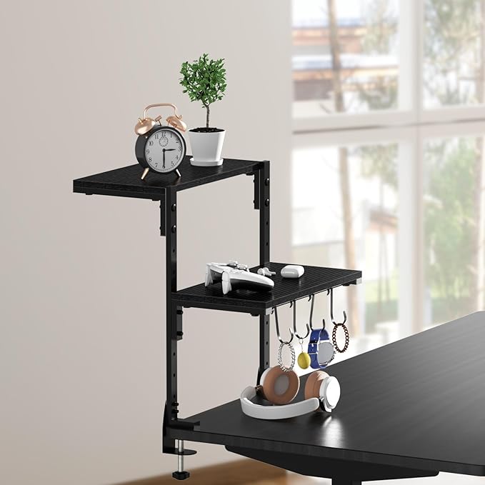 Clamp-on Desk Shelf, 13 inch Above or Below Desk 2-Tier Shelving, Adjustable Metal Storage Tray for Gaming Devices or Office Desk Accessories and More, Black, Patent Pending