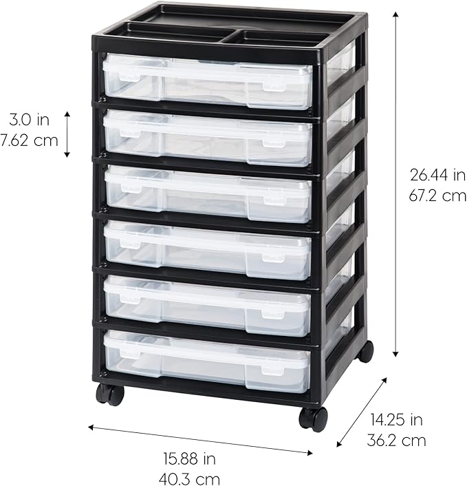 IRIS USA Fits 12" x 12" Paper, 6-Tier Scrapbook Rolling Storage Cart with Organizer for Stationery Vinyl Tools Office Art and Craft Supplies, Yarn, 6 Clear Cases w/Built in Handle - Black/Clear