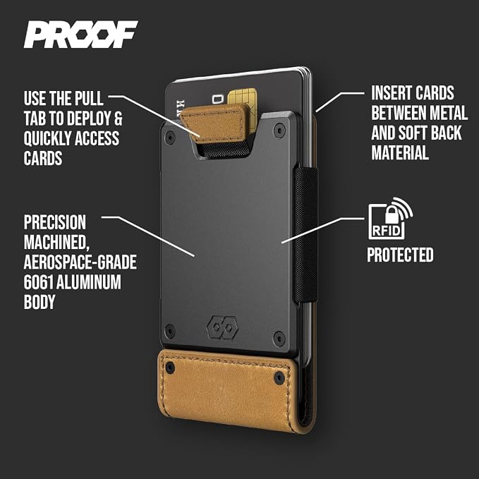 PROOF Wallet | Slim Minimalist Wallets for Men | Leather & Metal | RFID Wallet | Front/Back Pocket | Gift Box | Veteran Owned