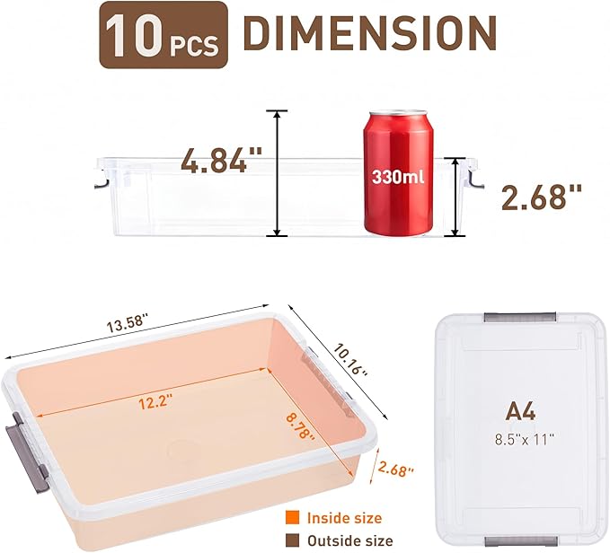 Citylife 10 PCS Plastic Storage Bins with Latching Lids Portable Project Case Clear File Box Stackable Storage Containers for Organizing A4 Paper, Photo, Document, Scrapbook