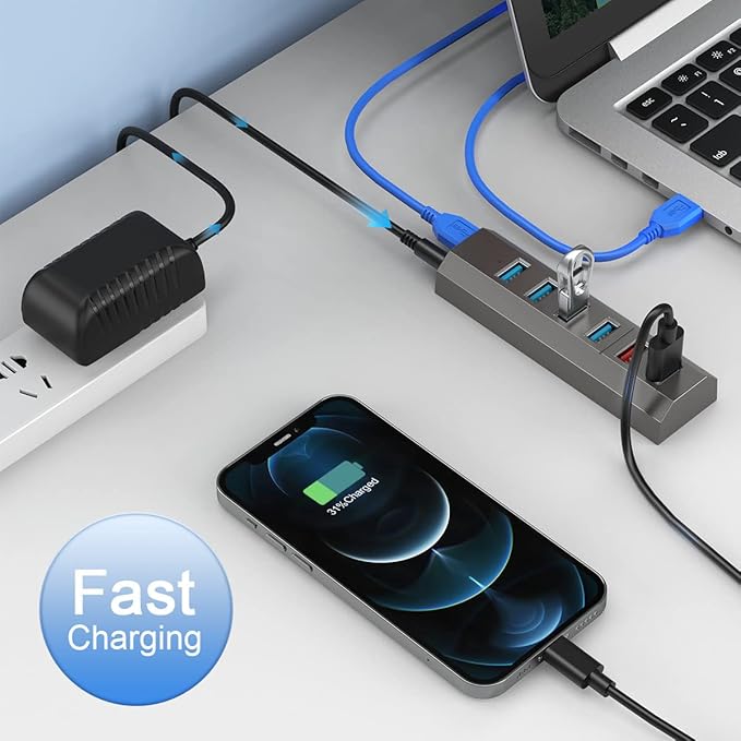 USB Hub, Aiibe 6 Ports Super High Speed USB 3.0 Hub Splitter + Power Adapter + USB 3.0 Cable, Powered USB Hub - Gray
