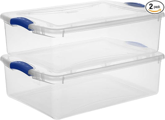 (2 pack) 32 Quart Clear Latching Storage Bin with Lid, Under Bed Storage Container, Stackable Plastic Bin for Linens, Seasonal Clothes