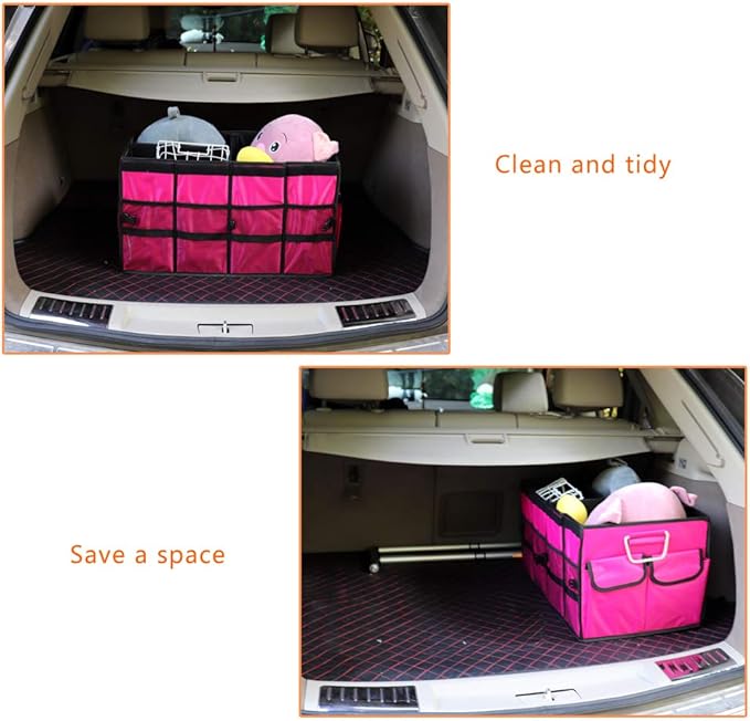 Car Trunk Organizer Collapsible Portable Multi Compartments Organizer with Non Slip Straps for SUV Truck Auto Vehicle Car Auto Minivan(Large without cover, Rose red)