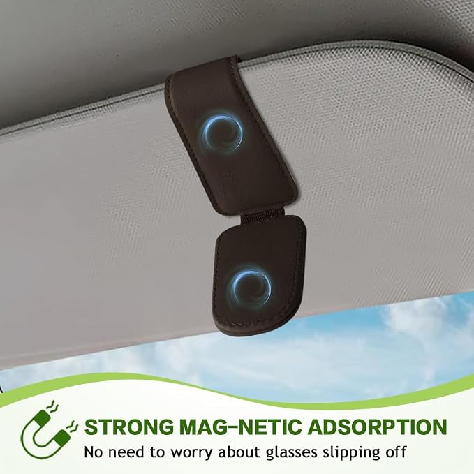 Sunglass Holder for Car, Sunglasses Clip for Car Visor, Magnetic Leather Vehicle Eyeglass Hanger Clip, Auto Ticket Card Glasses Organizer Clamp Accessories for SUV Sedan (Brown)