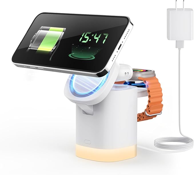 Wireless Charging Station for iPhone Mag-Safe: JoyGeek 3-in-1 Foldable Charger Phone Stand Charger for iPhone 16/15/14/13/12 Pro/Max/Plus - for AirPods - for Apple Watch 2-10/Ultra
