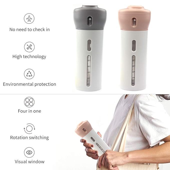 2 Pack 4 in 1 Travel Dispenser, CHIVENIDO Lotion Shampoo Gel Travel Dispenser Bottle Sets Shower Bottles Refillable Travel Bottles for Makeup Travel Supplies (Pink, Gray)