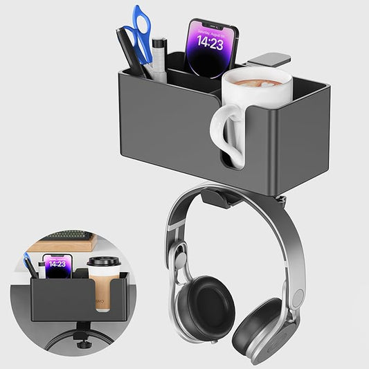 4 in 1 Desk Cup Holder with Storage - Clamp on Under Desk Headphone Hanger - Detachable Pen Cup Holder Desktop Storage for Desktop Attachments Accessories