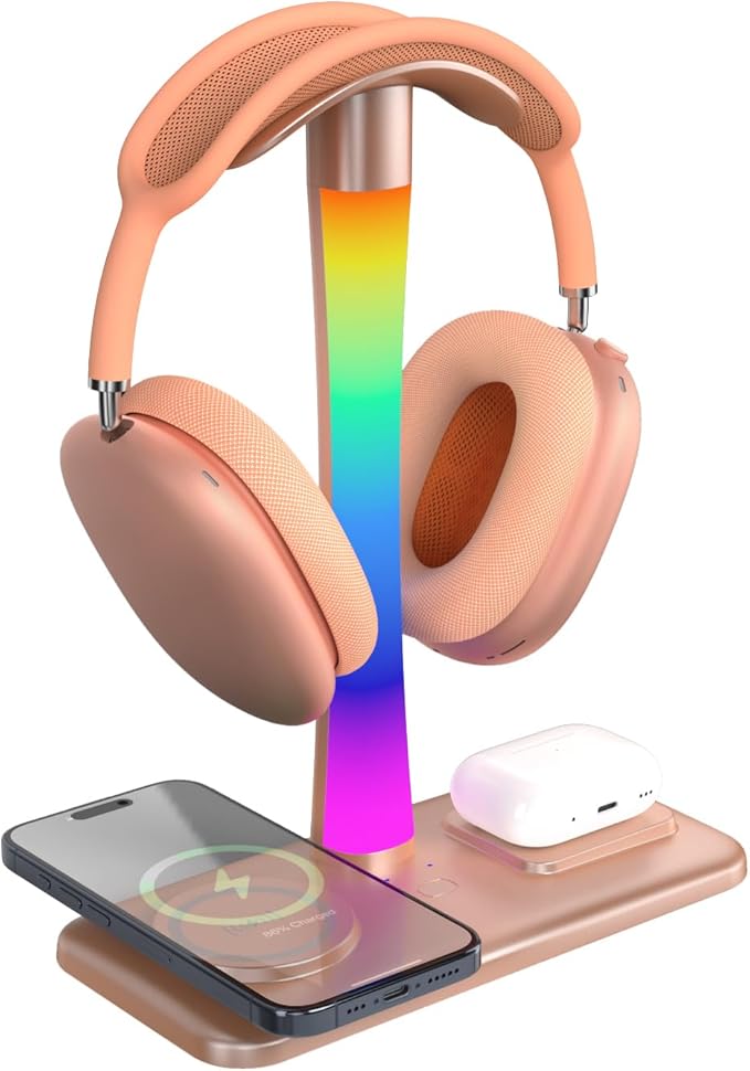 Headphone Stand with Wireless Charger,Gaming Headset stand with RGB Light Mode,For Airpod Max Stand Compatible with Airpod Pro/3/2,For iPhone 17/16/15/14/13/12/11,Gifts for Gamers & Music Lover (Gold)