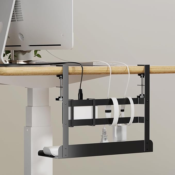 YECAYE Under Desk Cable Management Tray, No Drill Clamp Mount Metal Cable Management Tray with Desk Protection Pads, Under Desk Organizer Easy Installation with Hook & Loop Straps for Home Office