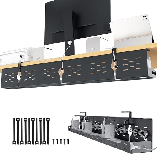 Univivi Under Desk Cable Management Tray - 48" Steel Cord Organizer, No-Drill C-Clamp & Screw Mount for Office/Home, Effortless Wire Management (Black)