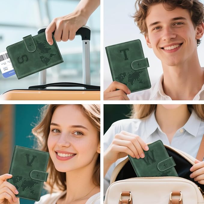 Personalized V Passport Holder Cover Initial Letter Travel Wallet RFID Blocking Passport Cover Credit Card Holder Case Passport Book Holders for Women and Men, Pine Green-V