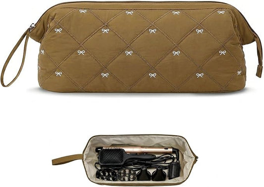 Stratalife Quilted Hair Tools Travel Bag with Polishing Cloth Compatible with Dyson Airwrap Shark Flex Style, Portable Toiletry Bag Hair Dryer Curling Iron Carrying Case Caramel Bow