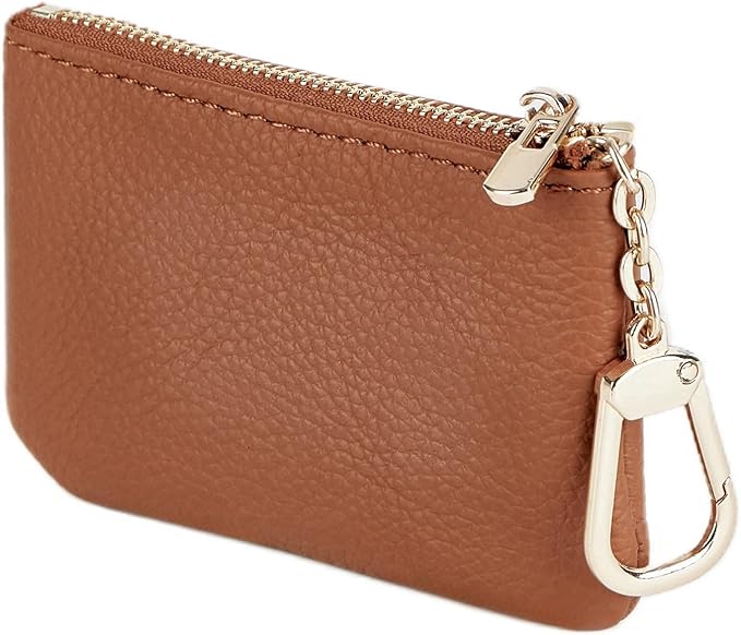 Full Grain Leather Coin Purse with Key Chain - Small Change Purse Keychain Card Holder Keychain Pouch Small Keychain Wallet for Women and Men (Brown)
