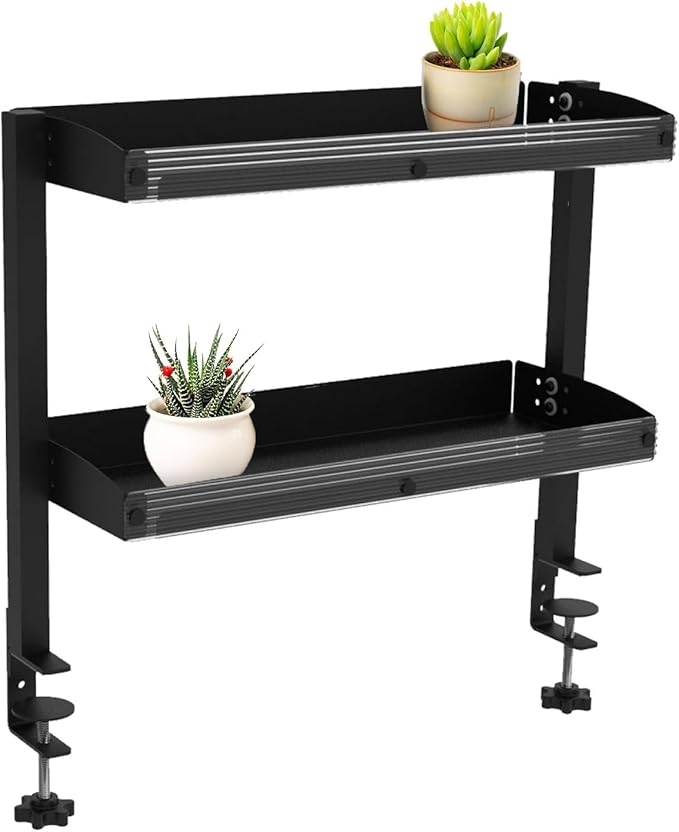 Generic Clamp-On Desktop Organizer Shelf, Adjustable Clip-on Tabletop Storage Tray for Office Desk, Clamp-on Above or Under Desktop Storage Shelf, Save Space, Black + Plastic Panel
