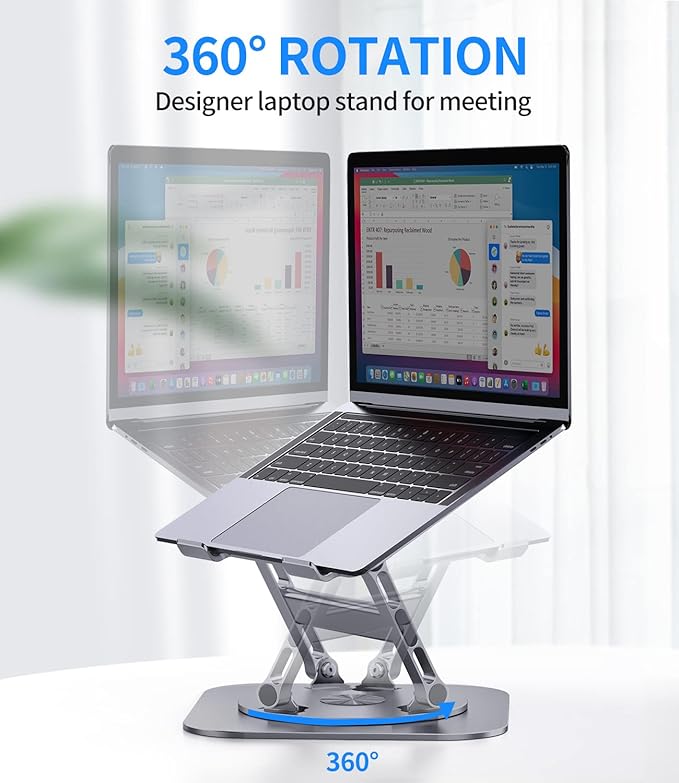 AOEVI Adjustable Laptop Stand with 360 Rotating Base, Stable Computer Stand for Laptop Ergonimic Foldable Laptop Riser for Desk Compatible with MacBook Pro/Air Notebook up to 16 Inches, Grey