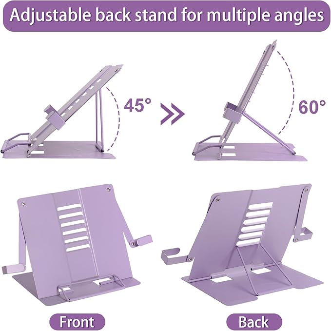 Metal Desk Book Stand for Reading with Adjustable Clips, Hands-Free Foldable Book Holder for Kids, Portable Document Stand for Desk, Display Stand for Recipes, Cookbooks, Tablets - Purple