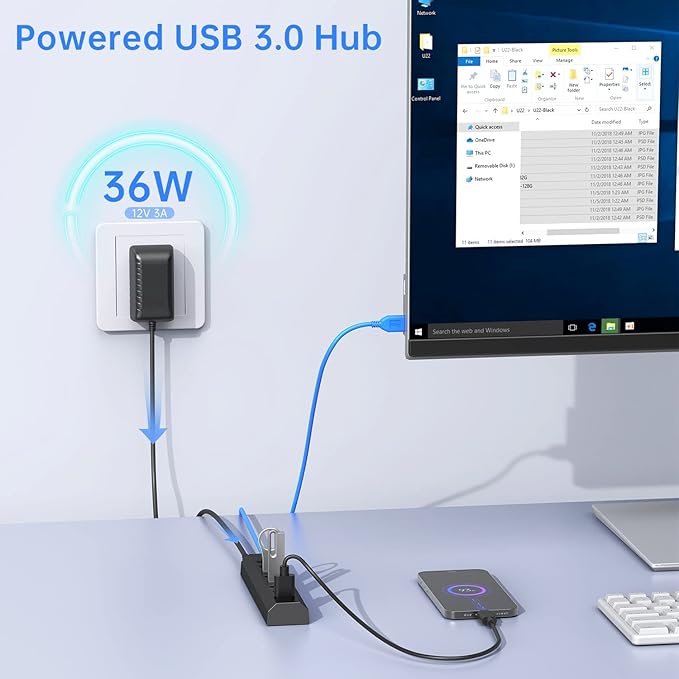 Powered USB Hub, Aiibe 8-Port USB Hub 3.0 Powered USB Splitter with 2 Fast Charging Ports + 12V/3A Power Adapter + USB 3.0 Cable, USB Hub Powered 36W Adapter for Laptop, Mac, PC, Mobile HDD (Black)
