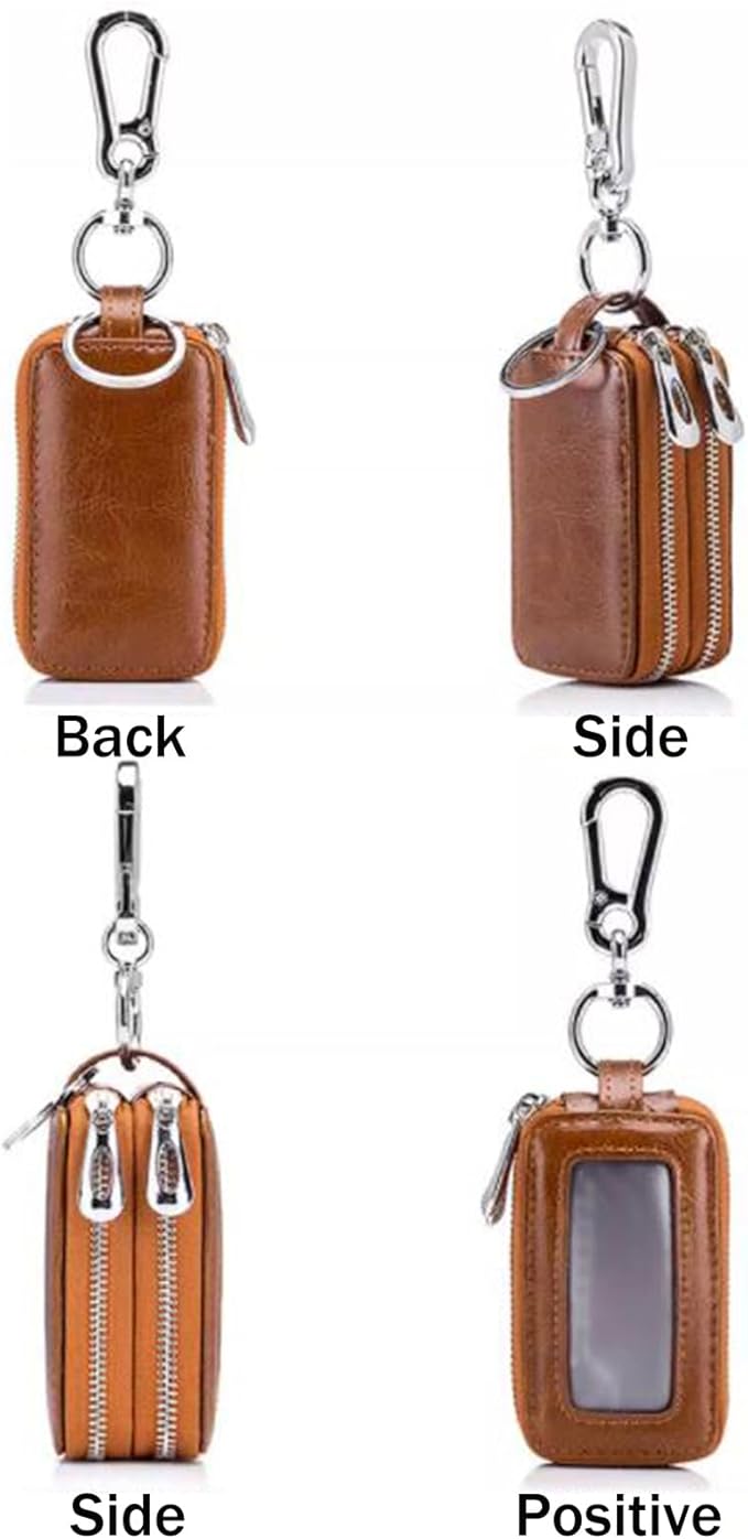 Car Key Chain Bag Double Zipper Leather Protection Key Coin Holder Keyring with Transparent Window