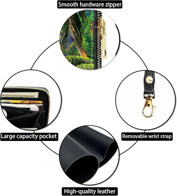 Women's Large Capacity Wallet PU Leather Zip Around Clutch Purse Multifunctional Wallet with Removable Wristlet Strap for Smart Phone/Coin/Card/Cash, Shore Palms Tropical Beach