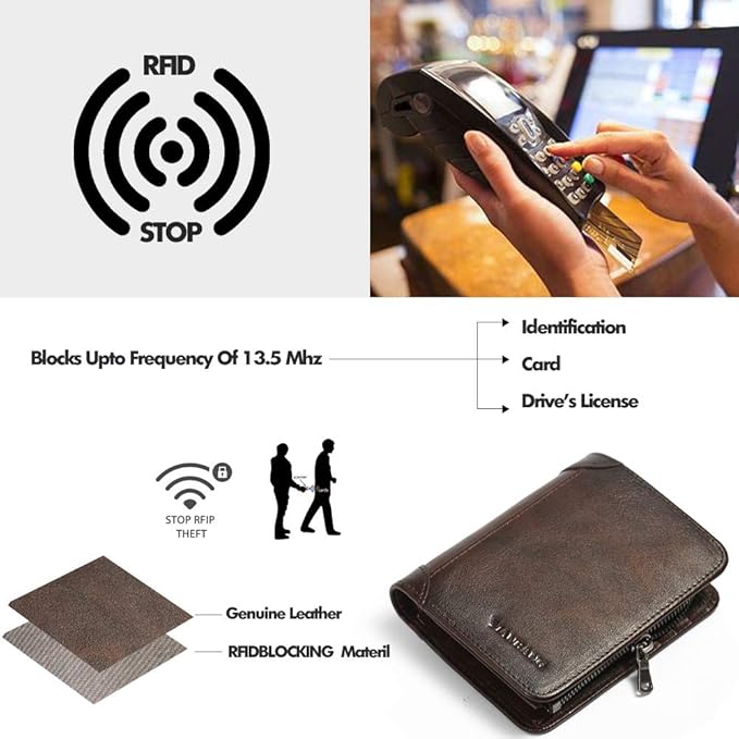 MANBANG Mens Wallet Zipper Genuine Leather RFID Card Holders Cowhide Zip Coin Pocket Bifold wallets for men