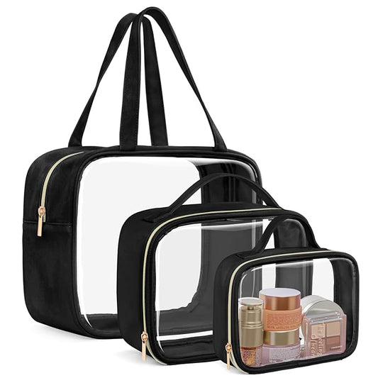 PACKISM Clear Makeup Bag Combo Pack, 1 TSA Approved Medium & Large/XL for Checked Luggage, Clear Toiletry Bag with Handle, Water-resistant Travel Essentials Organizer, Black