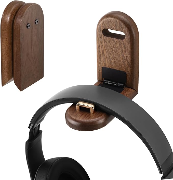 Wood Headphone Stand Wall Mount Holder, Sticky Headset Hook, Under Desk Headphone Hanger,Foldable Desk Headphone Hanger Earphone Clamp for Audio,Studio & Gaming Headphones, moderate