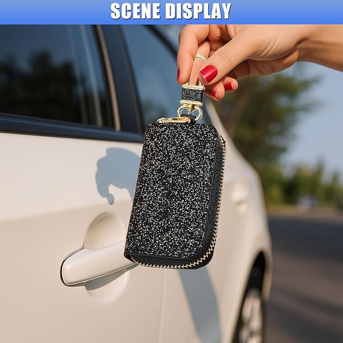 Bling Car Key Case, Leather Keyring Zipper Bag with Metal Hook, Remote Key Fob Cover, Auto Keychain Holder (Black Gold)