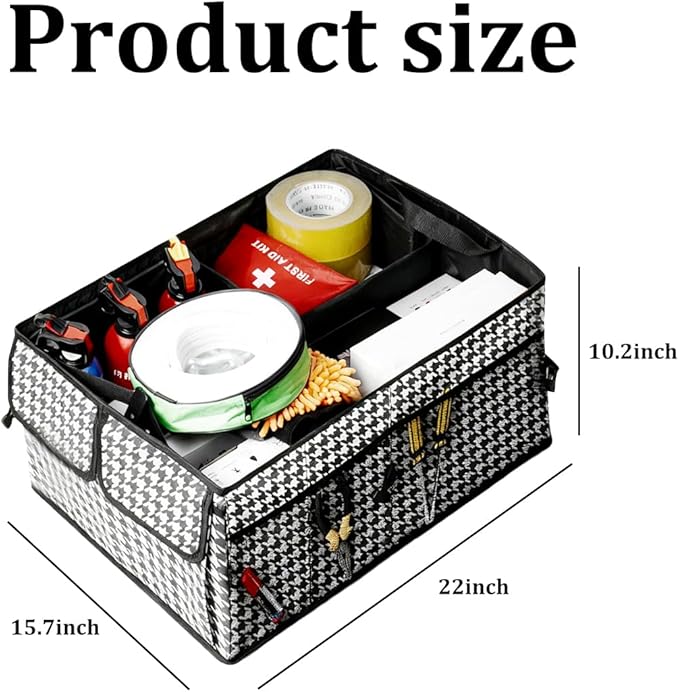 Car Trunk Organizer, Large Capacity Collapsible Multi-Compartment Vehicle Trunk Storage Organizer, Foldable Auto Rear Seat Organization Box for Cargo Grocery, Universal Fit (Houndstooth)