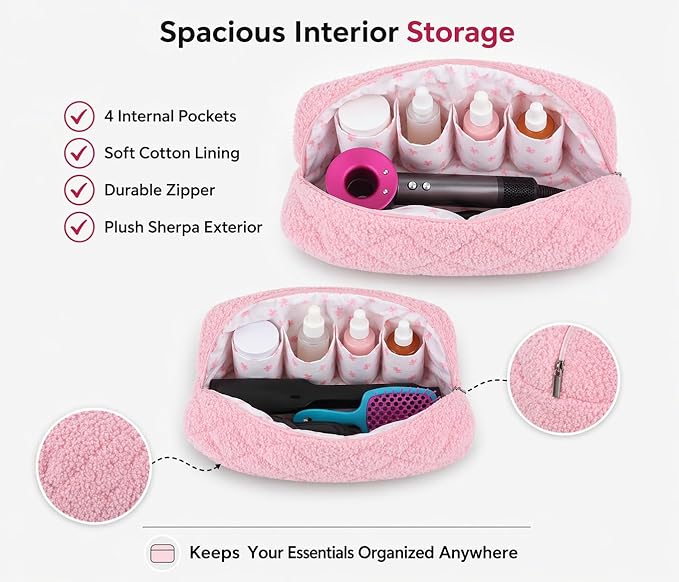 Plush Pink Sherpa Hair Tool & Makeup Travel Bag – 4 Pocket Cosmetic Organizer with Zipper Closure, Skincare & Beauty Accessories