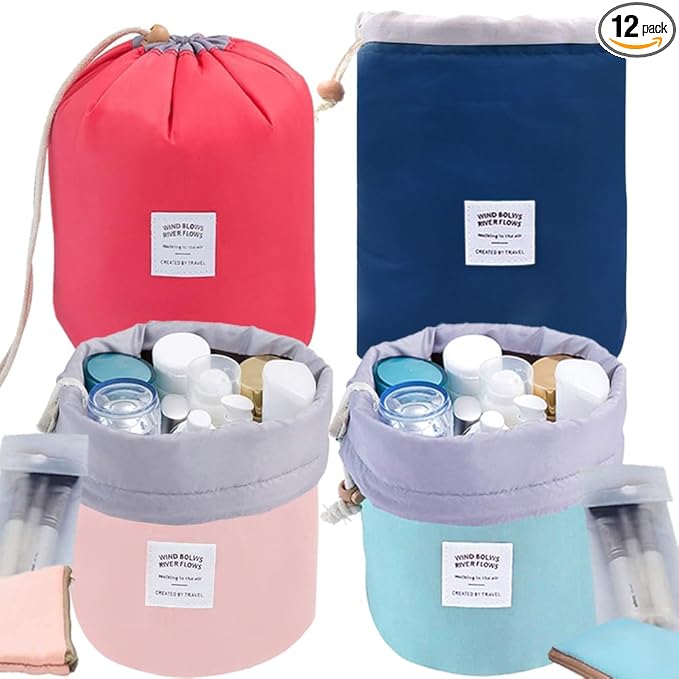 INVODA Drawstring Cosmetic Bag 4PCS Travel Makeup Bag for Women Toiletry Bag Portable Drawstring Make up Organizer Bag for Travel (Green+Pink+Blue+Red)