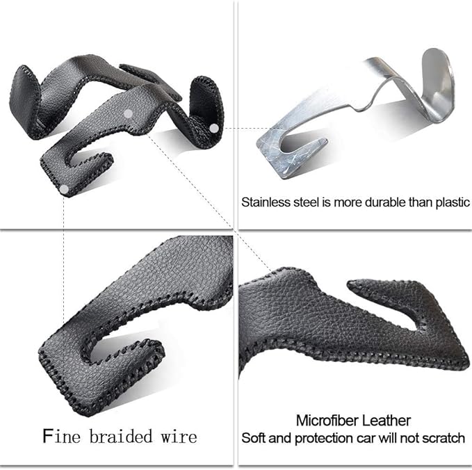 Car Hooks Universal Car Vehicle Back Seat Headrest Hanger Holder Hook Microfiber Leather & Stainless Steel for Bag Purse Cloth Drink Grocery (Black)