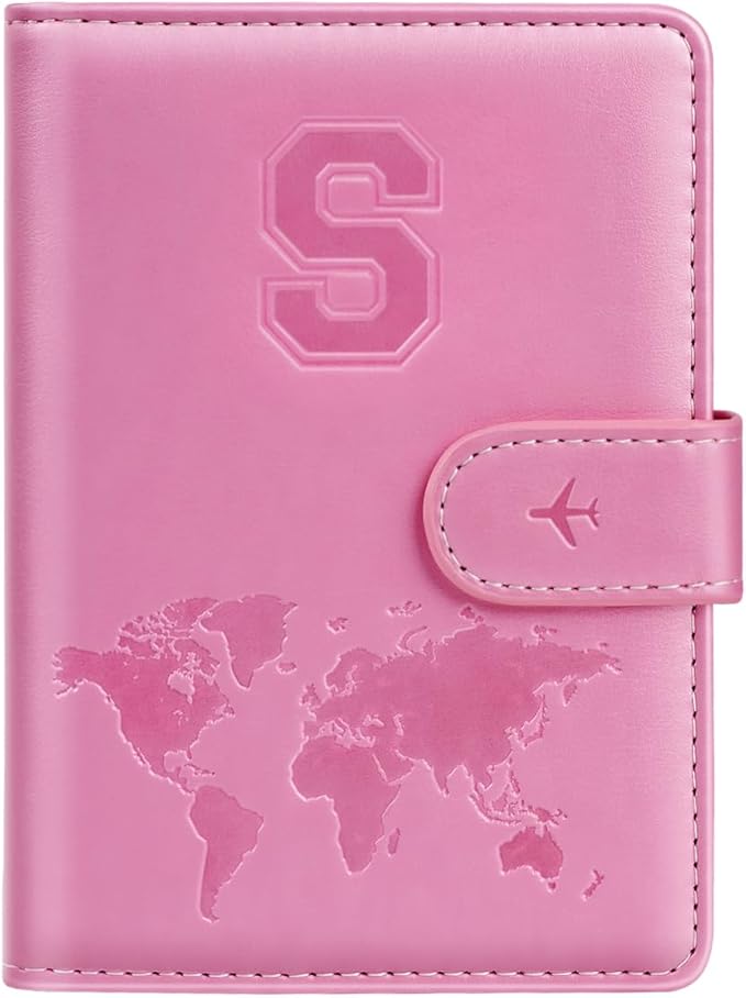 Passport Holder Cover Initail Letter A-Z Travel Wallet Embossed Design RFID Blocking Card Holder Personalized Gift Passport Cover Wallet, Passport Book Holders for Women and Girls, Pink-S