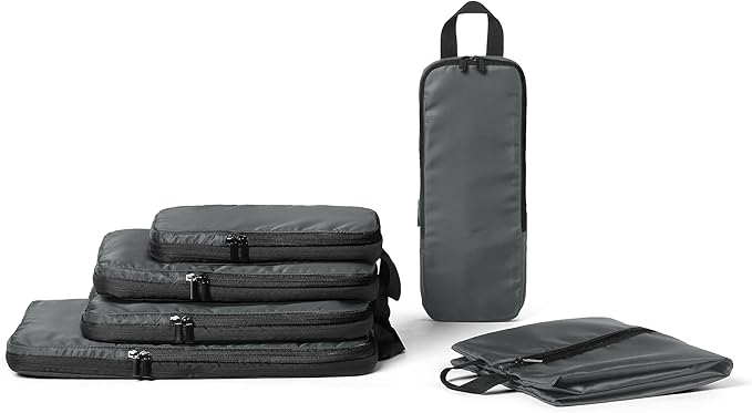 Amazon Essentials 6-Pack Ultralight Compression Packing Cubes, rPET Construction, Space-Saving Organizer with Zippers, Grey