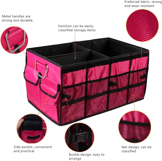 Car Trunk Organizer Collapsible Portable Multi Compartments Organizer with Non Slip Straps for SUV Truck Auto Vehicle Car Auto Minivan(Large without cover, Rose red)